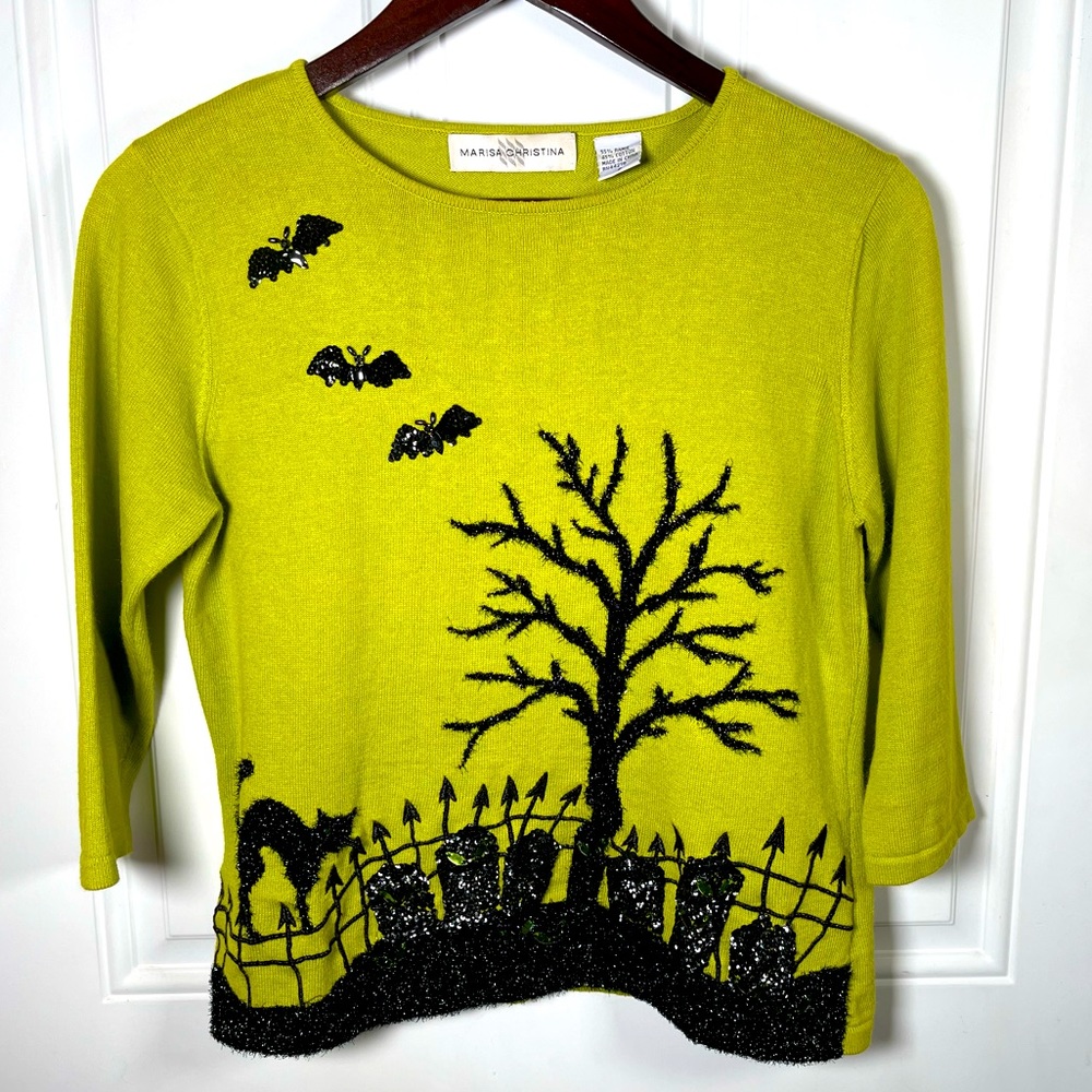 Marisa Christina Sequined Beaded Halloween Sweater w/ Cemetery Bats Cat Green S